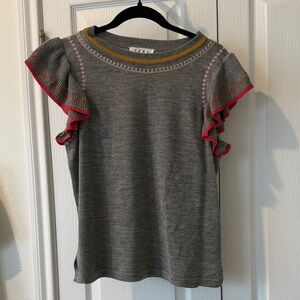 THML Knit Sweater Top Gray Embroidered Ruffle Sleeve Contrast Stitching Size S